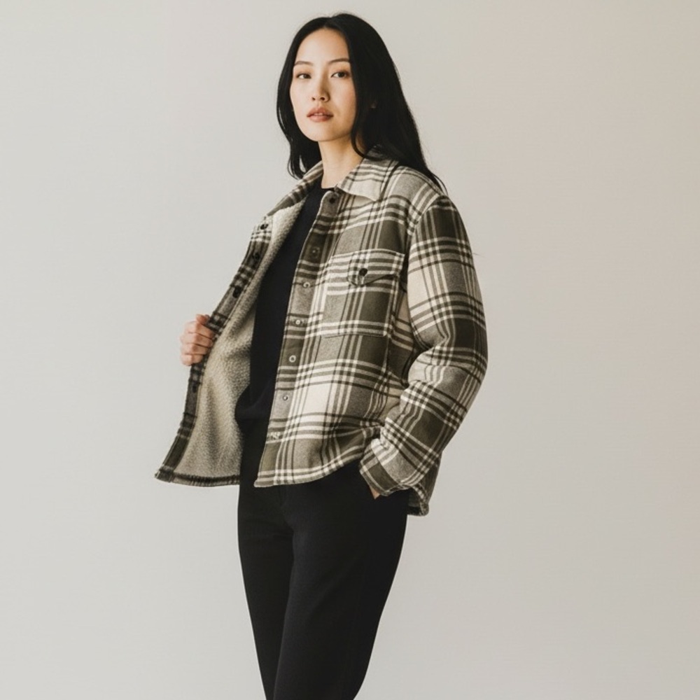Lucky Brand Sherpa Jacket - Green Plaid Shacket - Size M